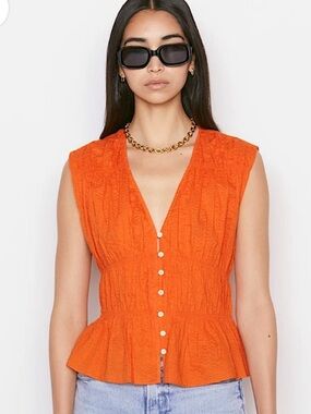 Frame Denim Sleeveless Button-Front Peplum Top in Orange